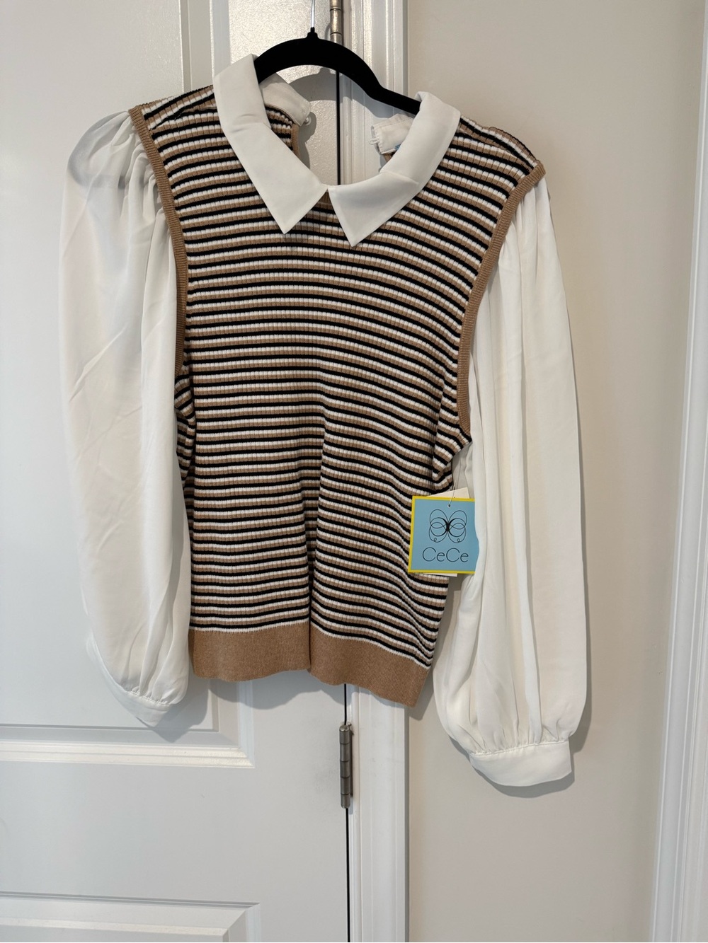 T.J.Maxx Striped Sweater Vest with White Blouse Sleeves - Camel/Black/White